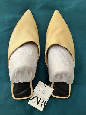 ZARA - NWT Yellow/Tan Pointed Genuine Leather Slip-On Mules